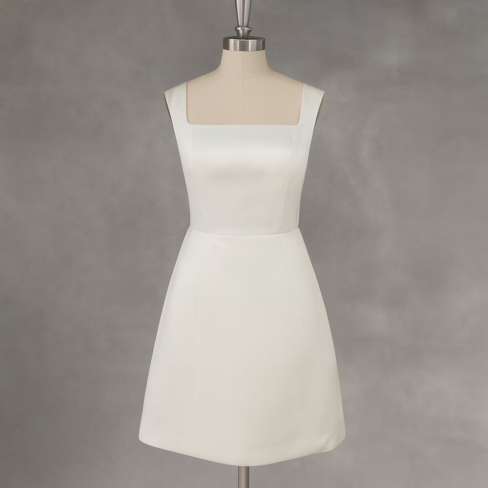 Short White Satin Square Scoop Neck Dress - Size 6